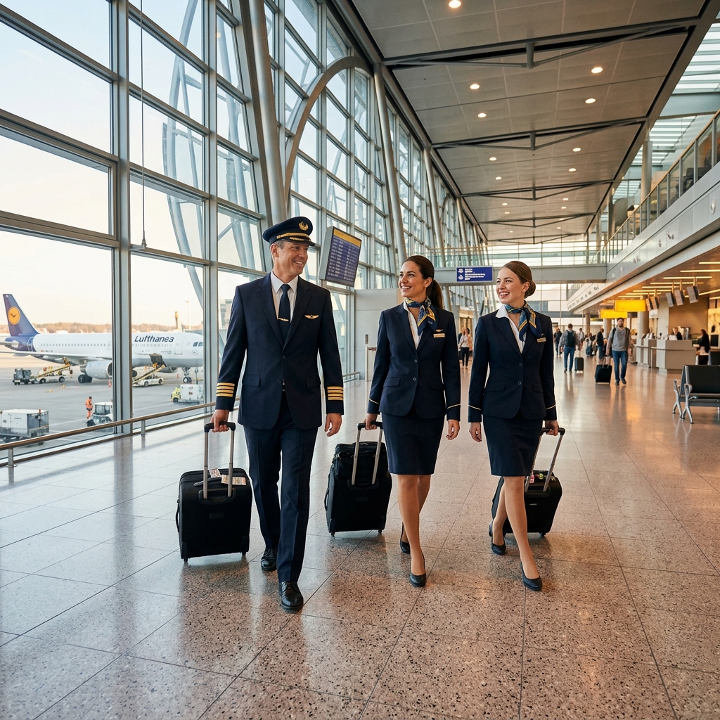 Professional airline crew walking through airport terminal
