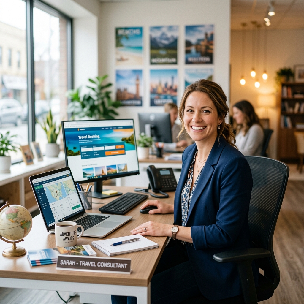 Professional travel agent at desk